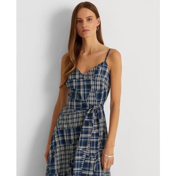 LAUREN RALPH LAUREN Patchwork Cotton Sleeveless Dress Blue Size 14 MSRP $265 - Picture 2 of 4
